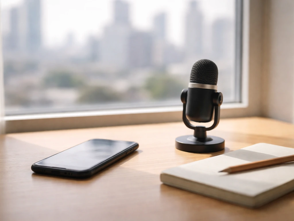 Minimal desk with smartphone and microphone near a window, symbolizing viral media and income growth