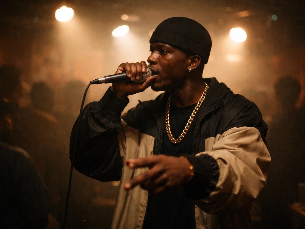 Anonymous performer holding a vintage microphone under warm stage lights in a blurred indoor venue.