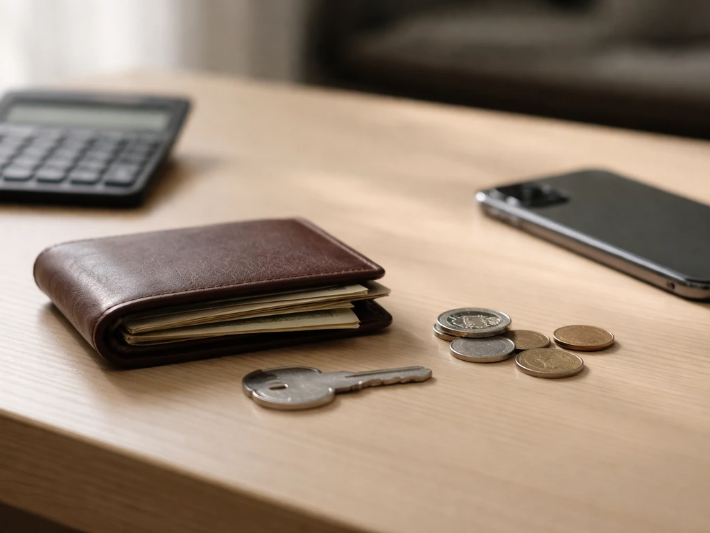 Minimal desk scene with scattered cash and a muted calculator-like object, suggesting an uncertain net worth range.