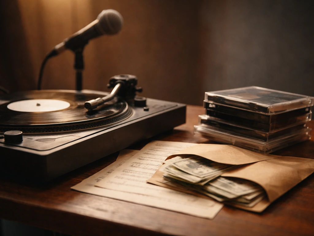 Kwaito-era inspired music and cash scene with a vinyl player and envelopes on a simple desk