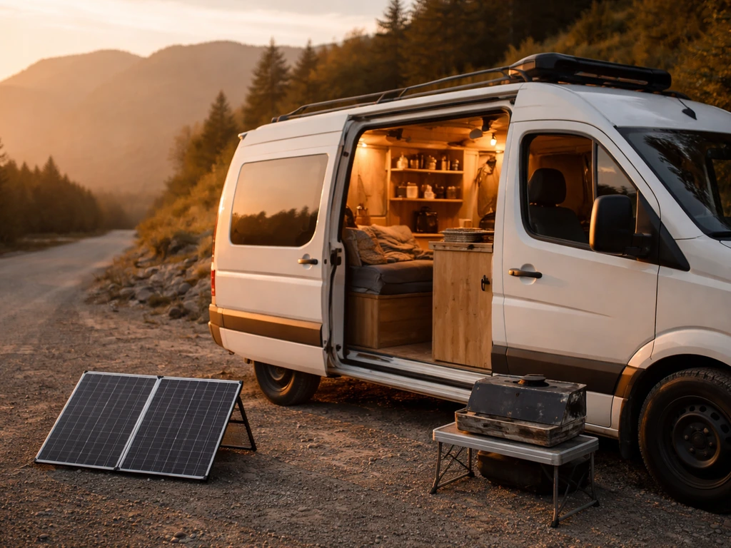 Off-grid rebuilt van with warm interior lights, solar panel, and mountain scenery at golden hour.