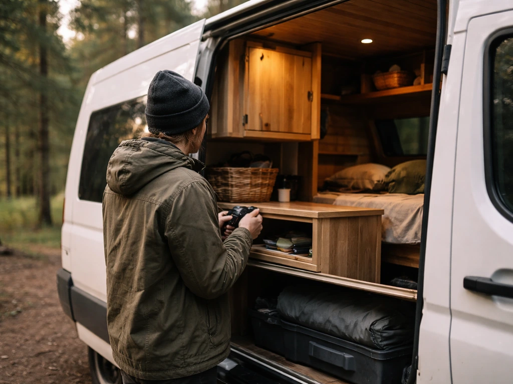 Minimal scene of a van-life creator working beside a camper van in a quiet forest clearing.