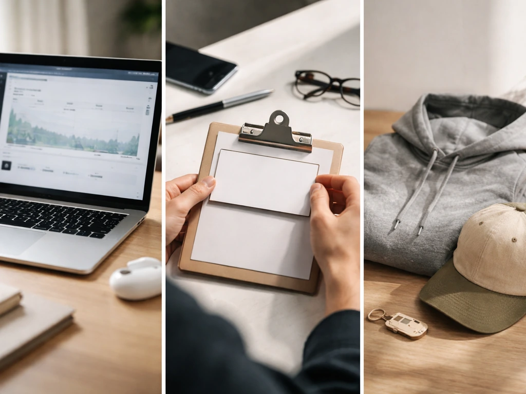 Three-panel photo: laptop analytics glow, sponsor deal props, and van-life merch/accessories on a tidy desk.