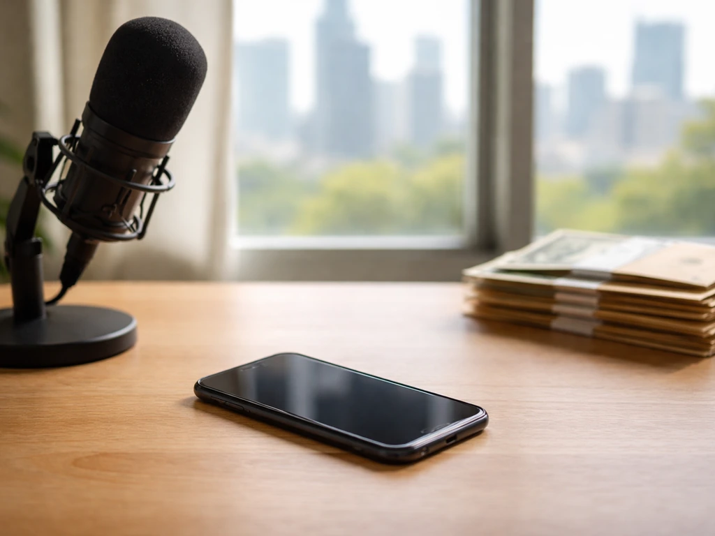 Minimal home office desk with smartphone, studio microphone, and money envelopes in natural light
