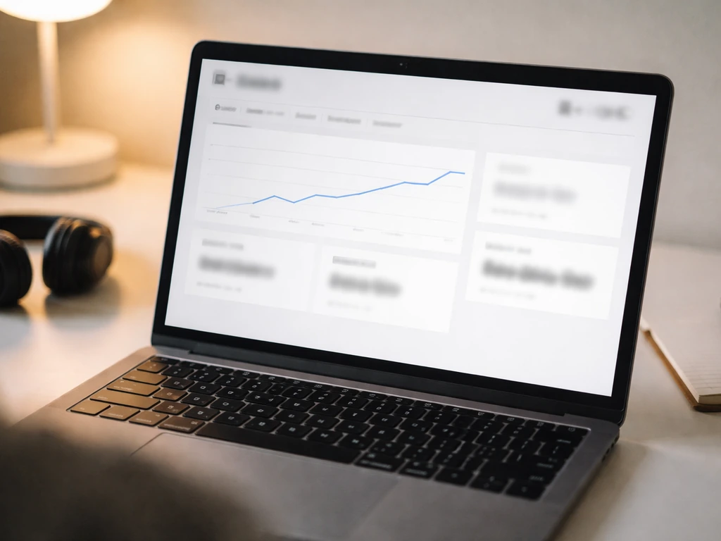 Close-up of a laptop screen showing a generic creator analytics dashboard layout with subscriber and earnings ranges.