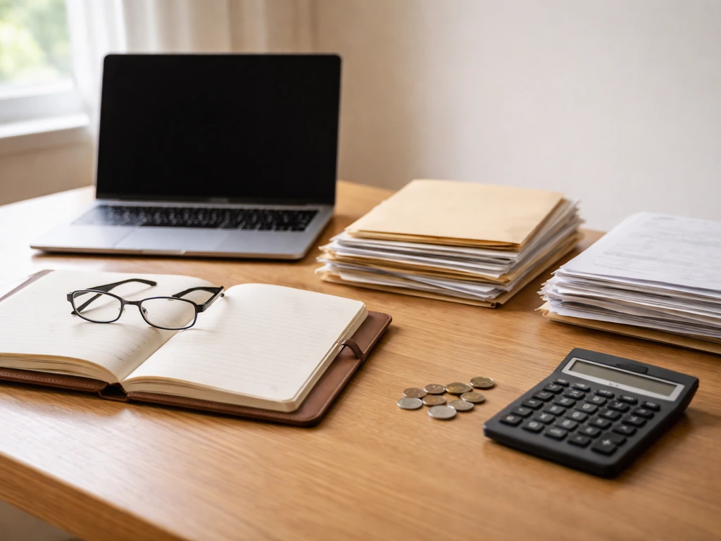 Minimal desk with laptop, blank paperwork stacks, calculator, and coins symbolizing differing net worth estimates.