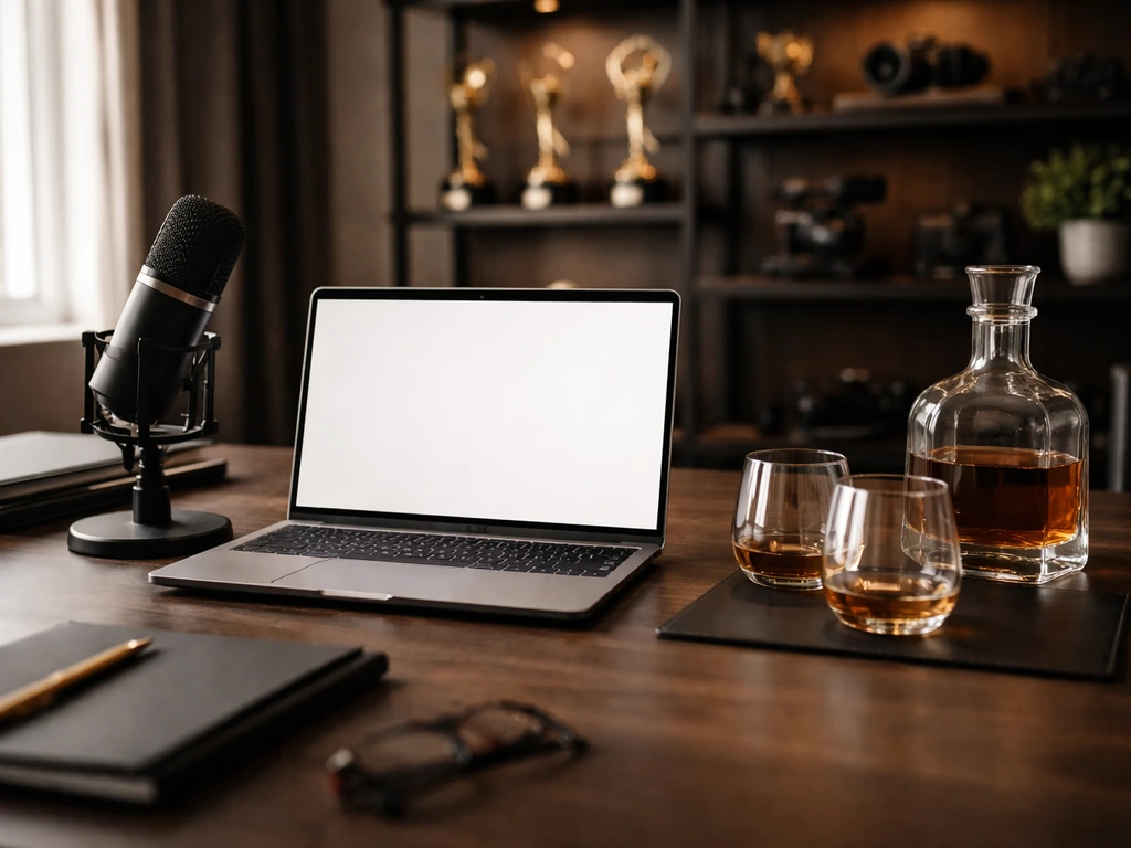Minimal luxury office desk with laptop and studio microphone, symbolizing TV production and wealth.
