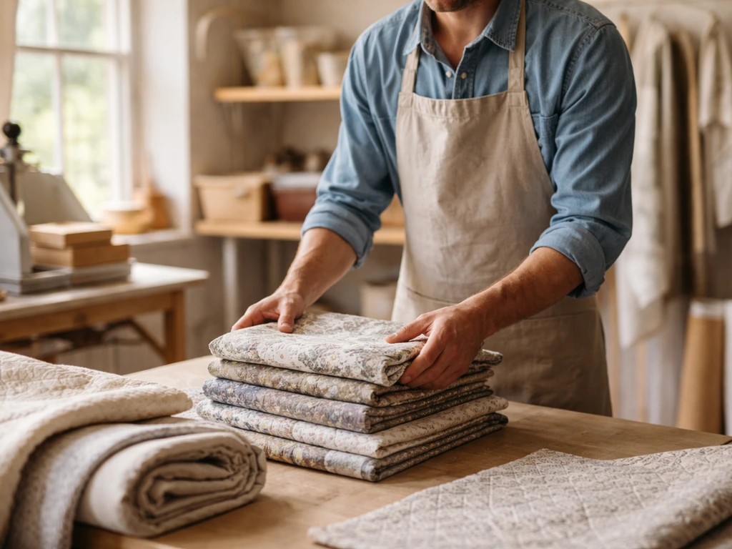 Anonymous textile founder in a bright workshop handling stitched pillow covers and fabric rolls.