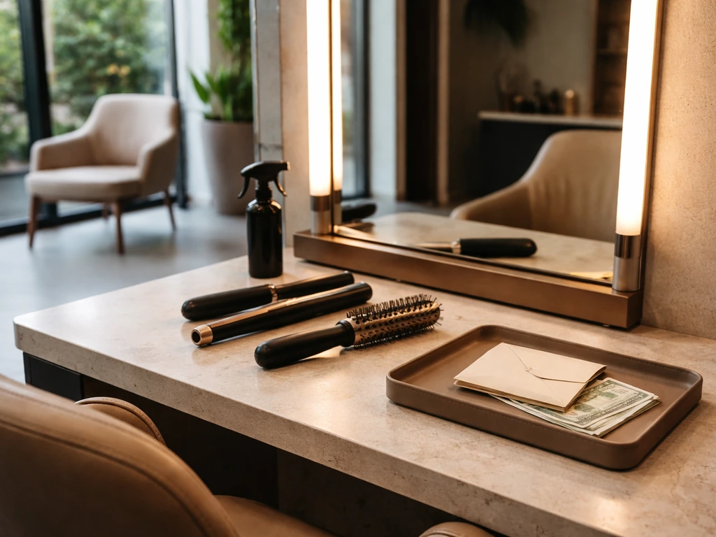 Upscale salon styling station with cash on a tray, warm light, and blurred modern background