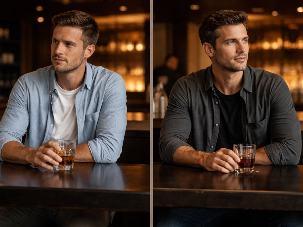 Two men seated side-by-side at a stylish bar, comparing drinks in a simple, upscale setting.