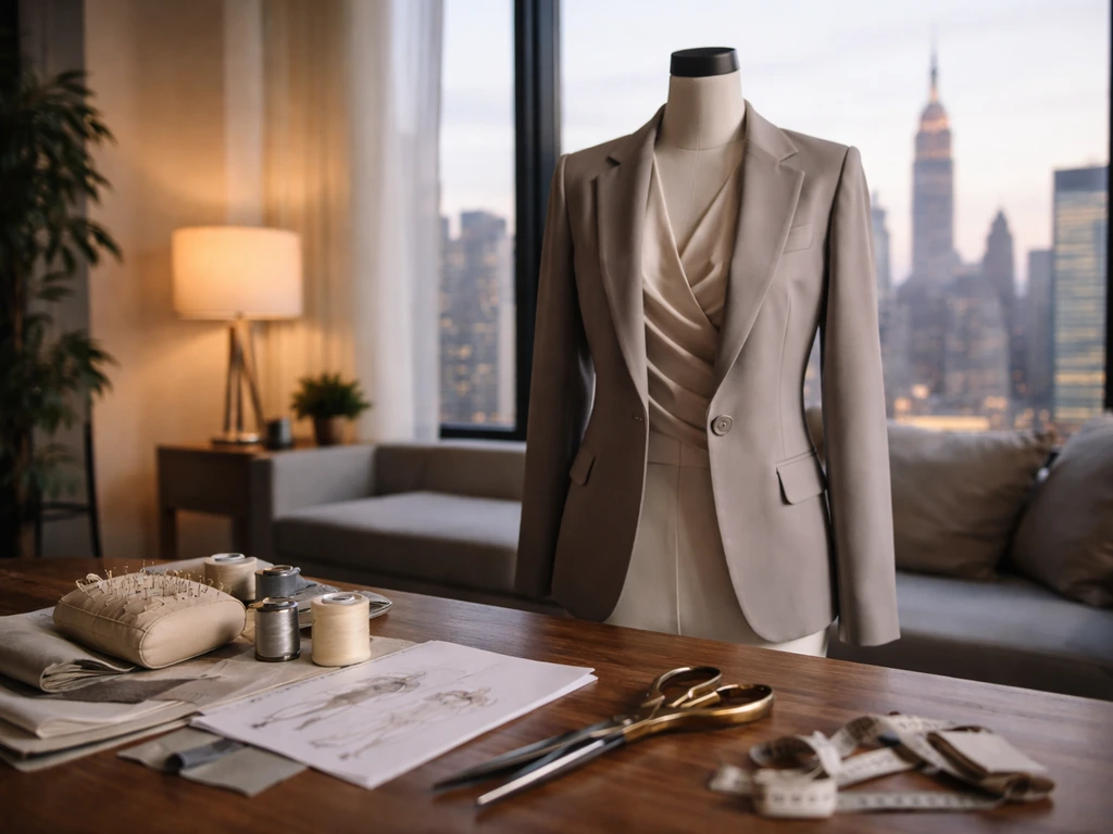 A fashion designer’s studio with a mannequin and tailoring tools, evoking a luxury entrepreneur lifestyle.