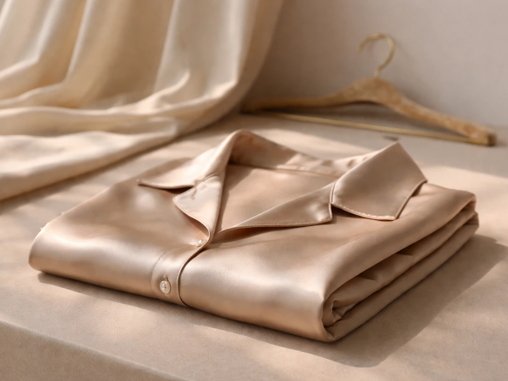 Luxury satin clothing item on a minimalist tabletop, styled like a fashion collection product shot.