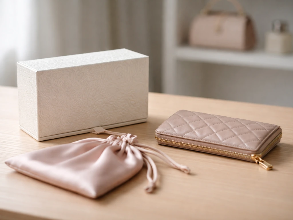 Minimal lifestyle brand scene: luxury product packaging and a glossy branded accessory on a clean desk