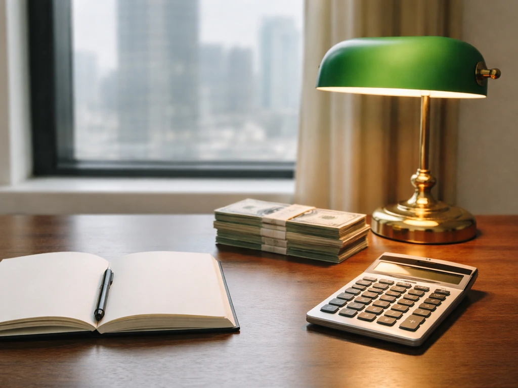 Minimal desk scene with calculator and money envelopes suggesting a financial estimate range.