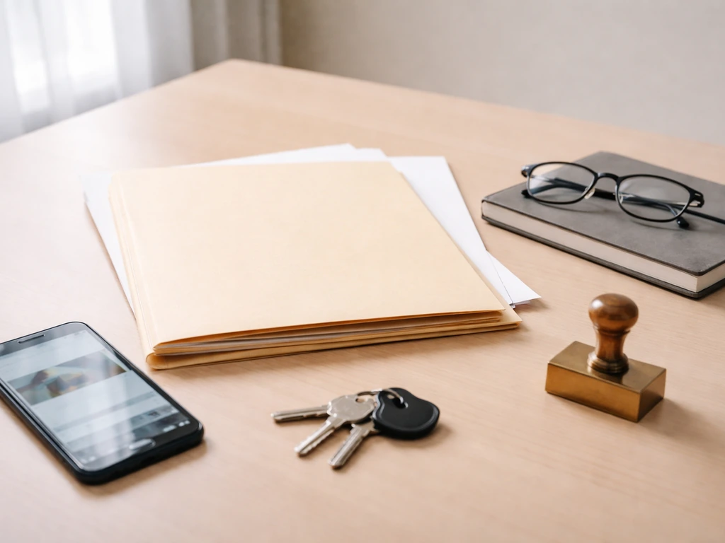 Minimal desk scene showing research evidence for a net worth estimate with folders, notebook, and a phone