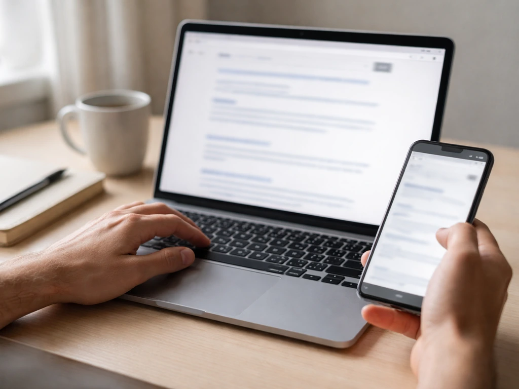 Anonymous hands using laptop and phone with blurred search results on a simple desk