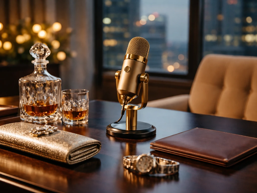 Glam, high-end podcast studio desk setup with sparkling accessories symbolizing luxury and estimated wealth