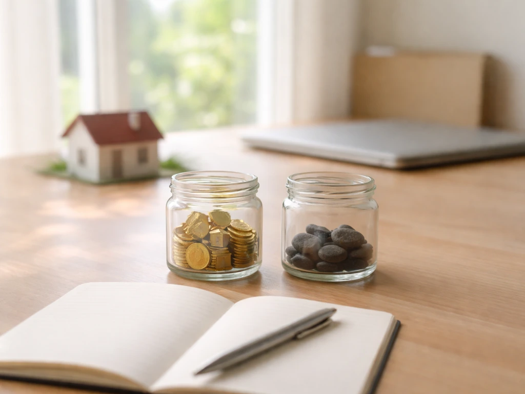 Minimal desk scene with coins and a small house model, symbolizing assets minus liabilities.