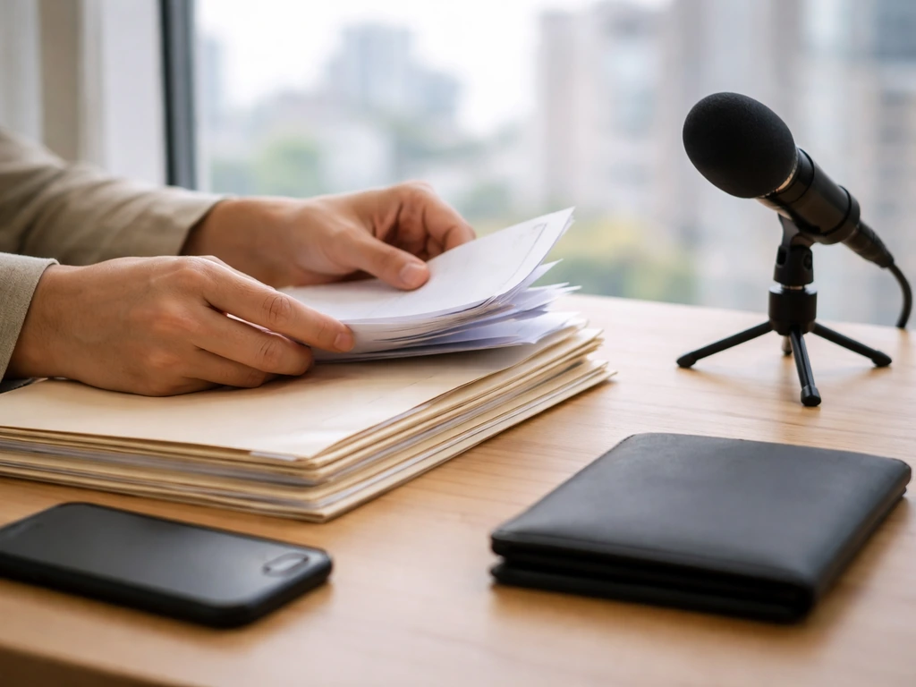 Minimal photo of a desk with folders, a phone, and a microphone symbolizing assembling public data for net worth estimat