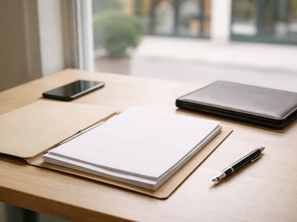 Open folder of business documents beside a cafe window, soft daylight symbolizing private equity research