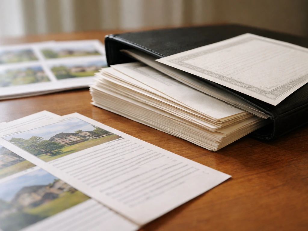Close-up of property deed paperwork and a blurred map/listing thumbnail stack on a desk.