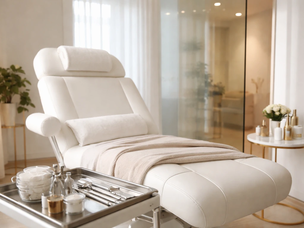 Bright modern medical spa treatment room with luxury furnishings and a subtle sense of wealth