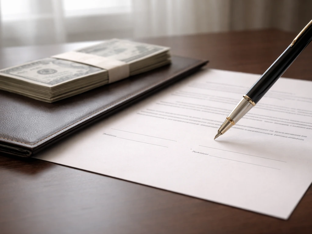 Hand signing a contract over a desk with a pen, folders, and cash—symbolic of a TV cast paycheck.