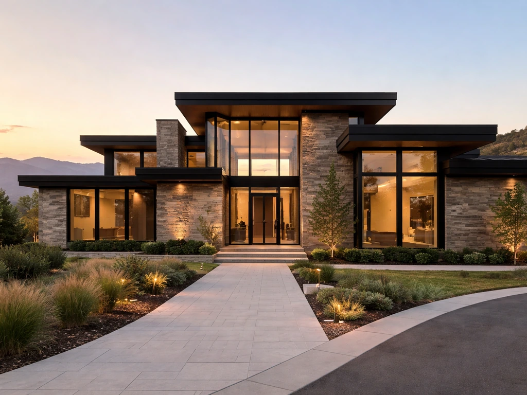 Modern luxury home exterior in Utah with panoramic windows and distant mountains at golden hour.