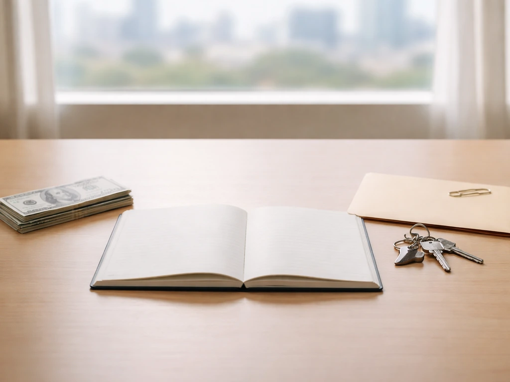 Minimal photo of a tidy desk with cash, keys, and a contract-like folder beside a closed ledger