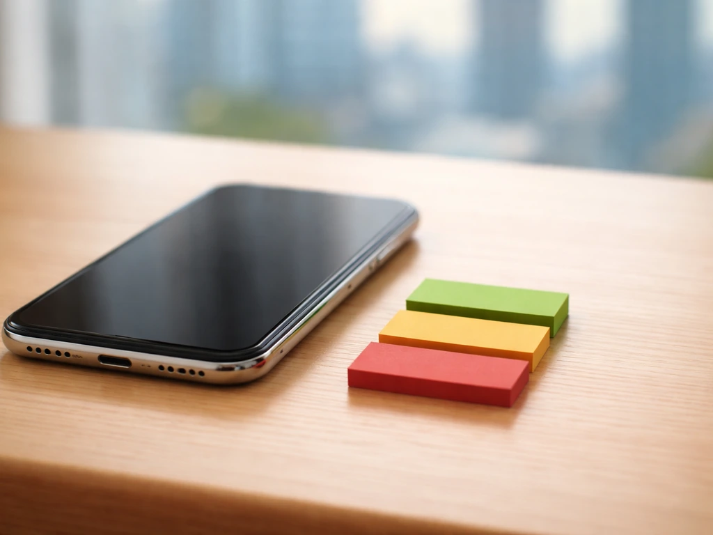 Smartphone on a wooden desk beside three colored sticky tabs (green, amber, red) symbolizing confidence tiers.