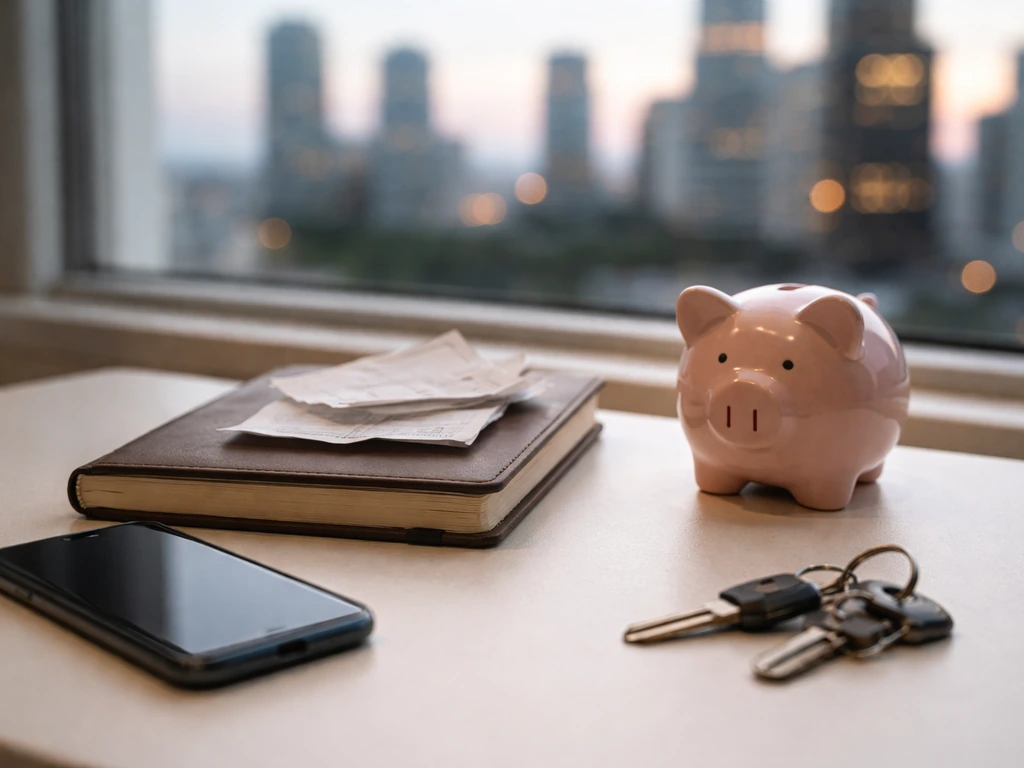 Minimal desk with smartphone, receipts, piggy bank, and keys, symbolizing shifting net worth over time.