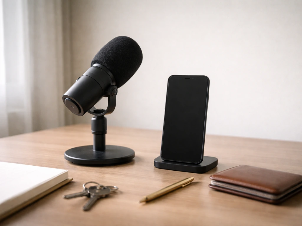 Minimal desk scene with a microphone and smartphone, suggesting a Memphis 90 Day Fiancé cast interview focus