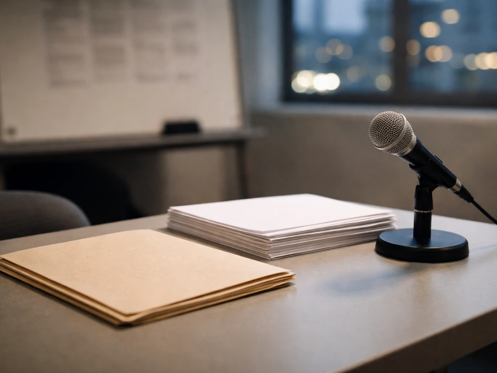 Minimal studio desk scene with contract folder and microphone stand, suggesting reality-TV episode earnings structure