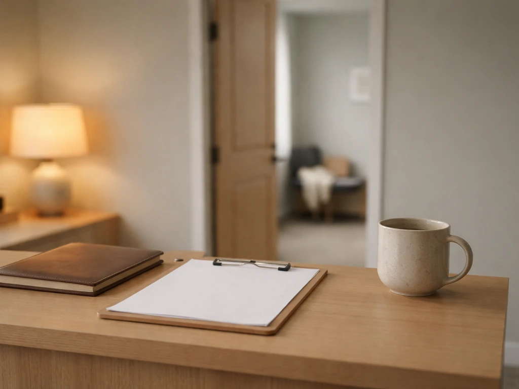 Minimal clinic reception with warm lighting, tidy desk, and calm mental-health atmosphere