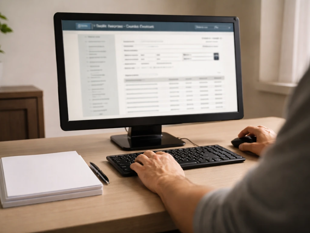 Close-up of a person at a desk using a computer to check public court record updates, with documents nearby.