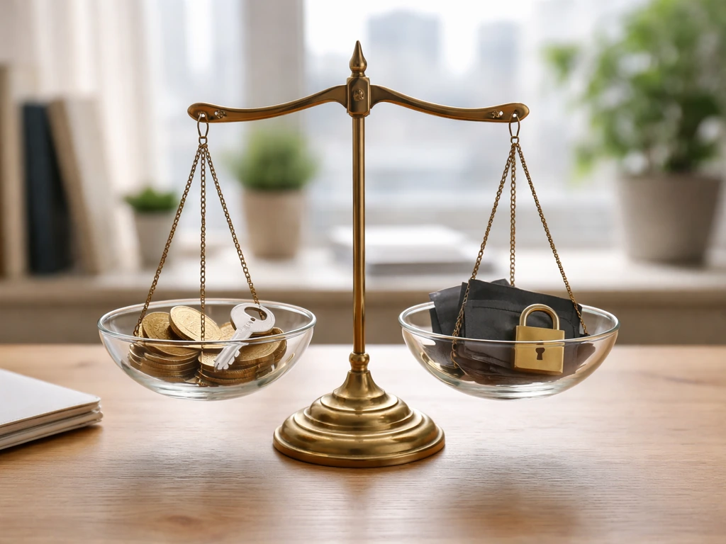 Minimal home-office scene with a balance scale showing coins and house key vs blank debt items.