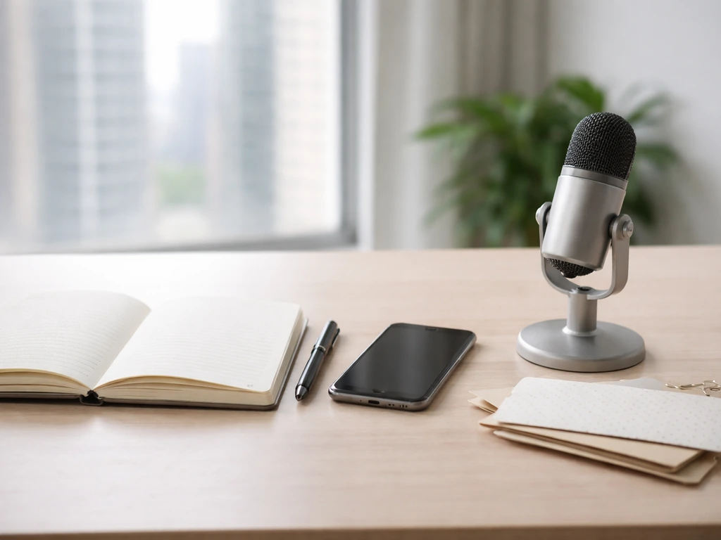 Minimal desk scene with microphone, notebook, cash envelopes, and blurred city view suggesting finance profiling.