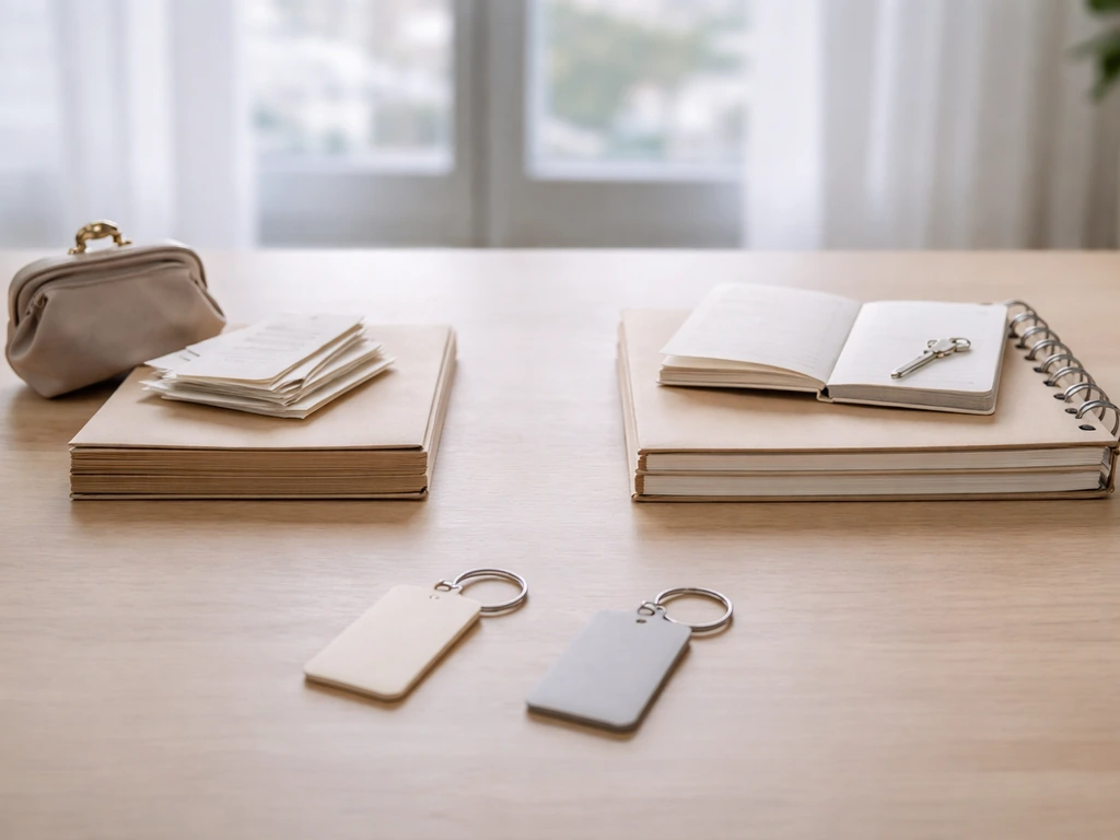 Split scene showing confusing income vs net worth with anonymous business desk items