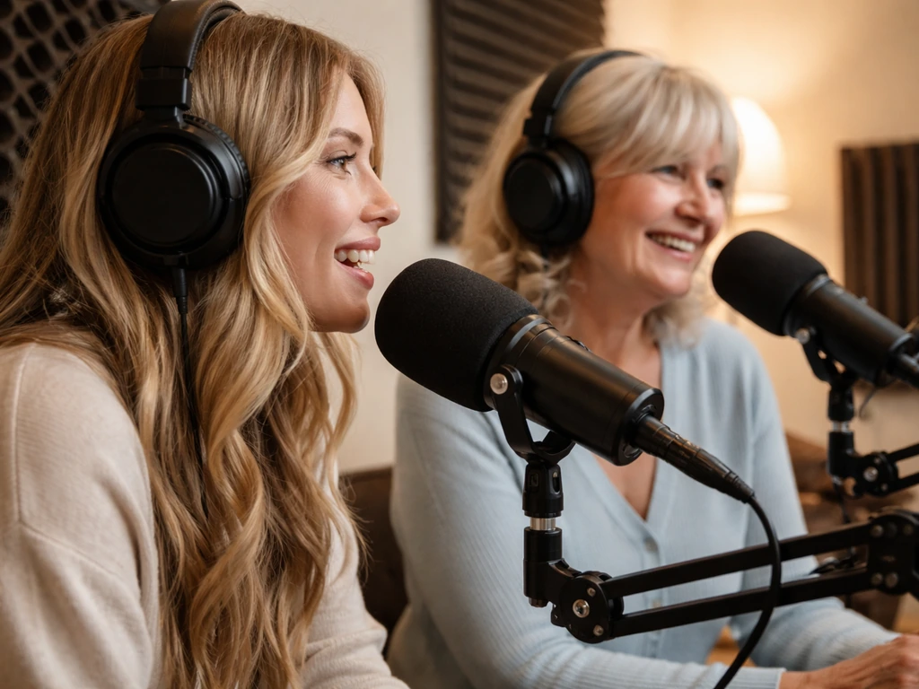 Close-up of two anonymous women in a cozy podcast studio, microphones and headphones in a warm minimal scene