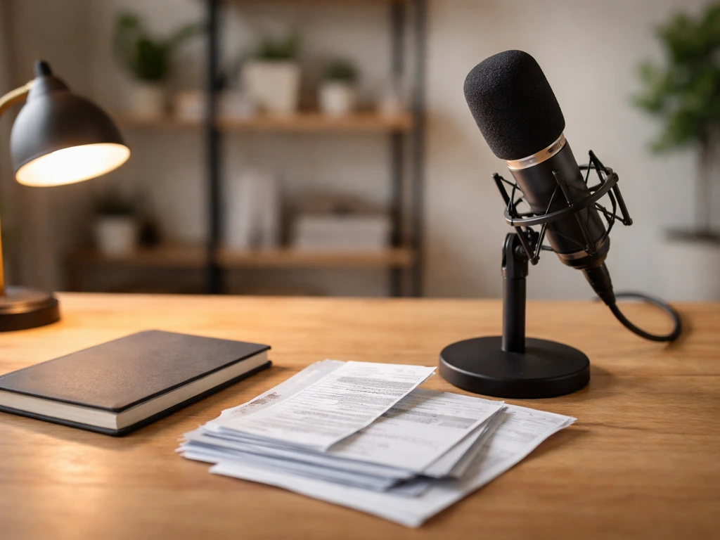Minimal photo of a podcast host’s desk with microphone and scattered financial documents for net worth estimation