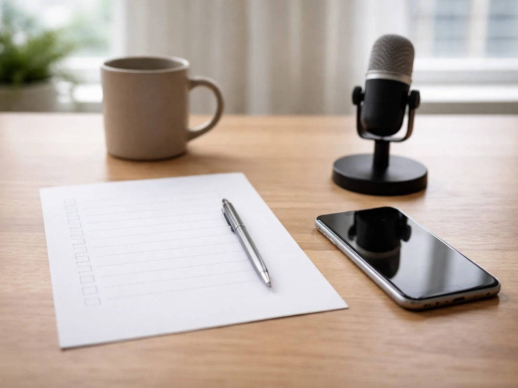 Minimal desk with smartphone and podcast microphone suggesting revenue streams, natural window light.