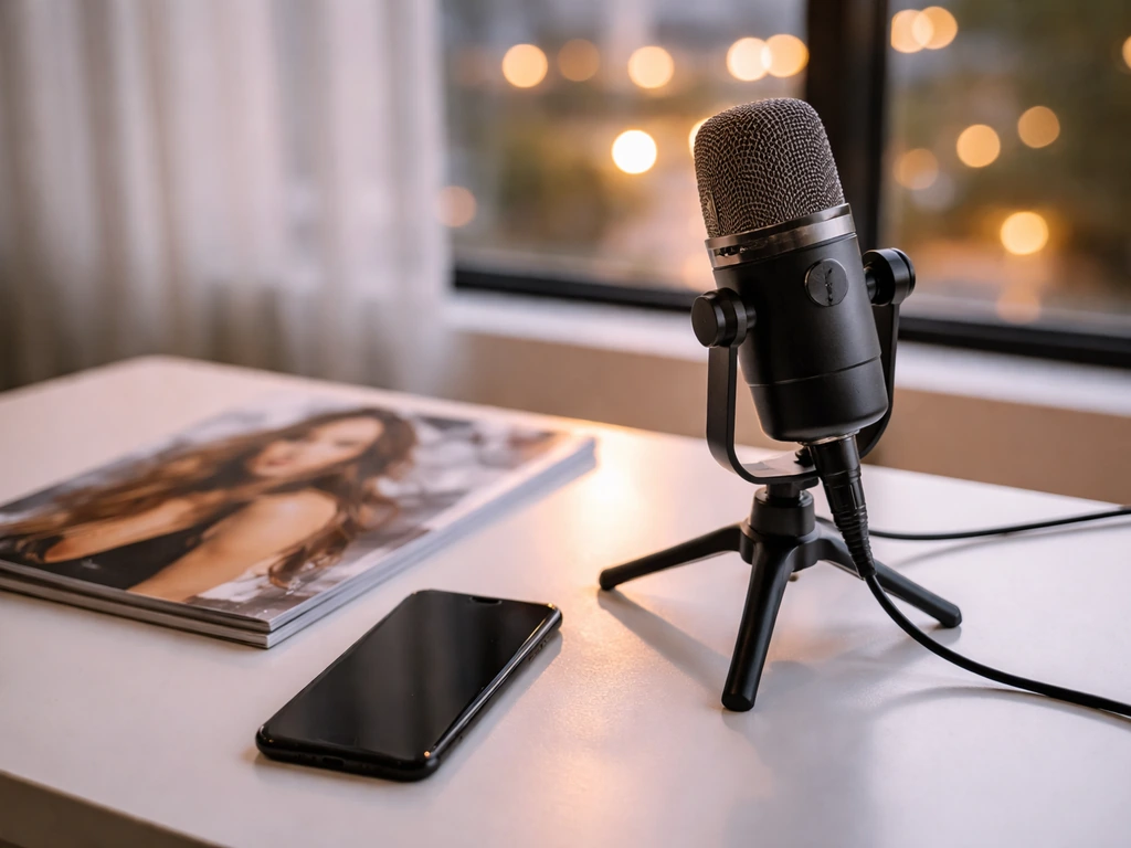 Minimal lifestyle scene suggesting reality TV cast identity: a microphone on an office desk near city lights at dusk.