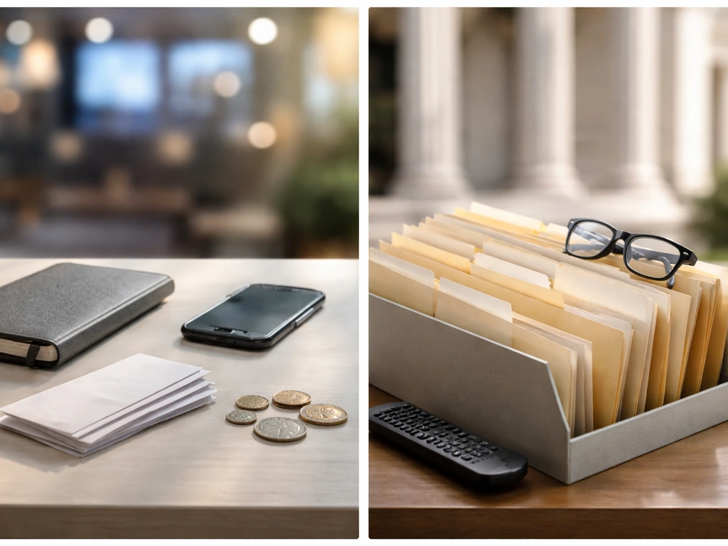 Minimal collage of a desk with cash envelopes, a TV remote, and public-record folders symbolizing income sources.