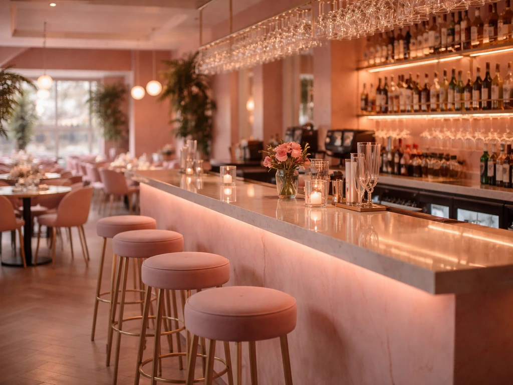 Pink-themed restaurant bar interior in Liverpool, with soft lighting and minimalist dining setting.