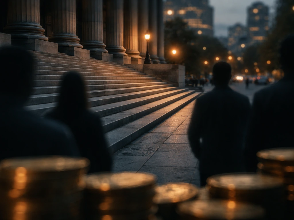 Minimal photo of a courthouse steps background with floating abstract silhouettes and wealth symbols for a net worth the