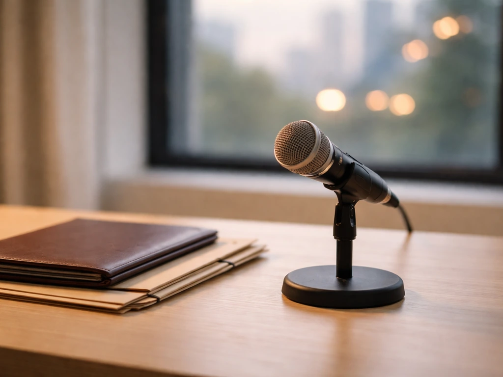 Minimal studio desk with microphone and contract folders, symbolizing cast roster and public-profile research.