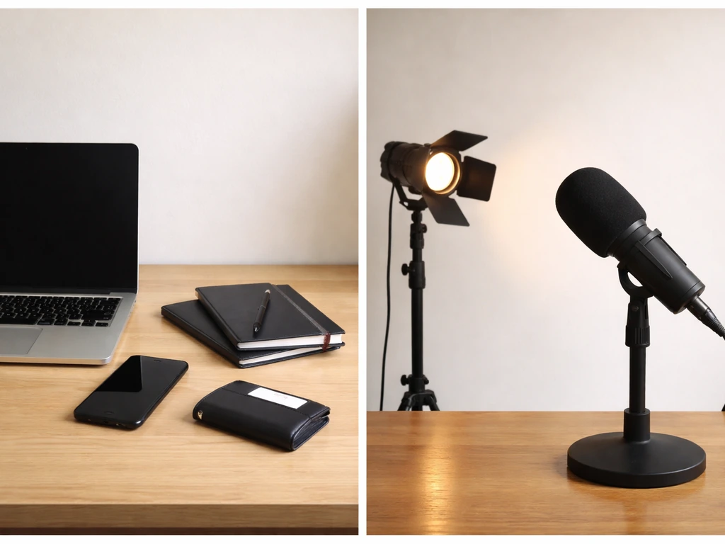 Split desk scene: office items on one side and a studio microphone on the other to suggest day-job vs appearance pay.
