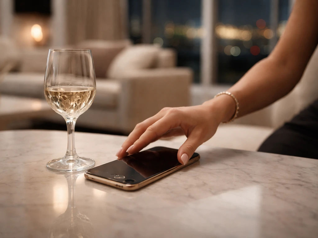 Anonymous hand and smartphone on a marble table with warm city-light bokeh, symbolizing luxury net-worth media.