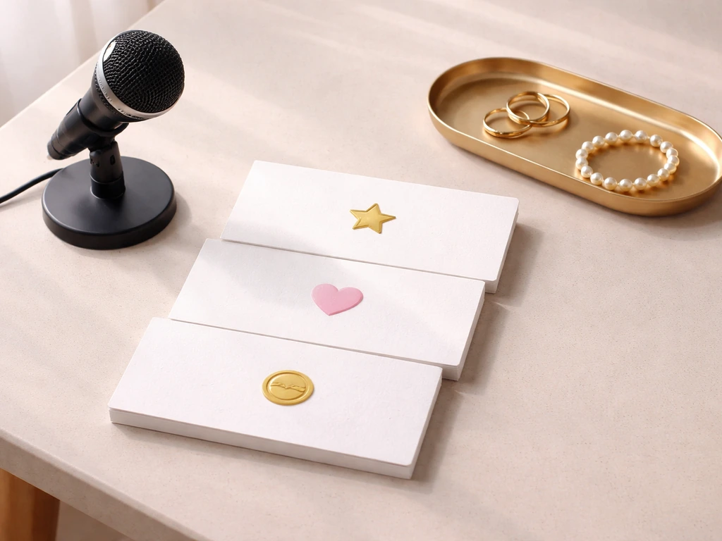 Minimal tabletop with tier cue cards and small icons, plus a microphone and gold tray symbolizing RHOP fees.