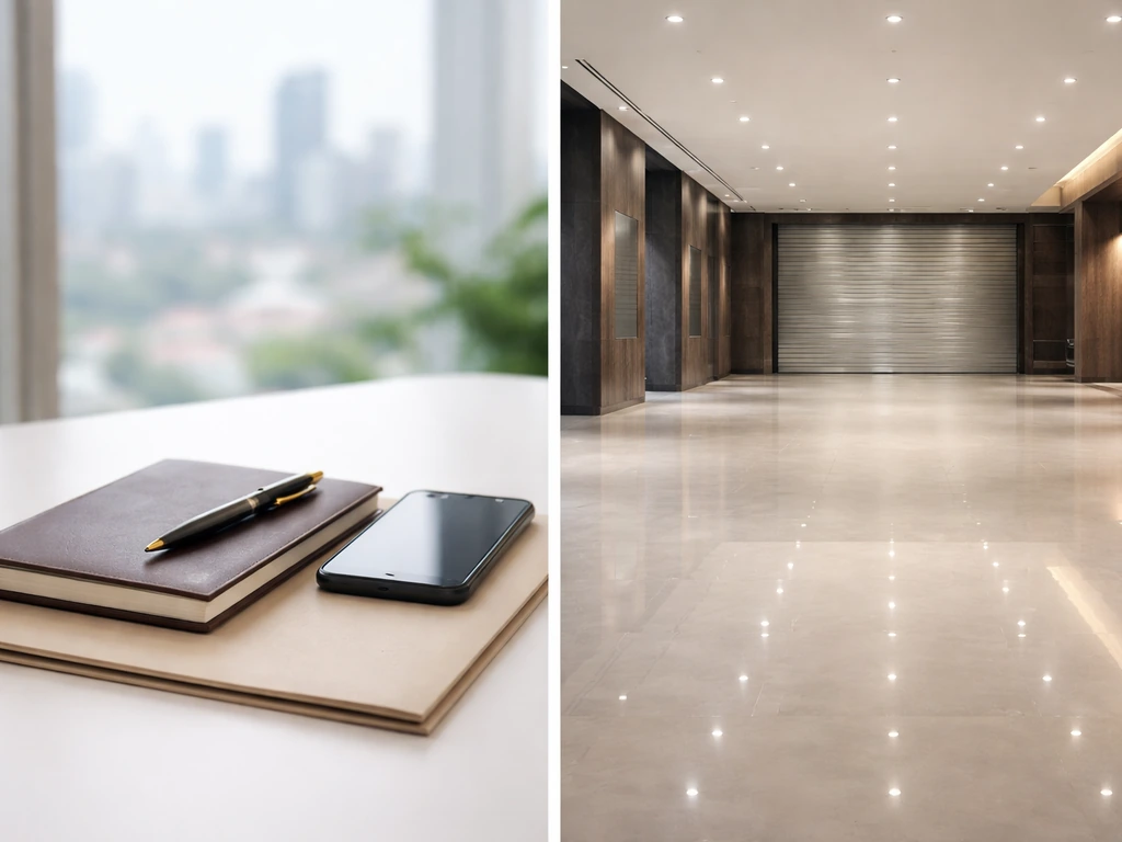 Minimal split-scene: tidy desk with business documents on one side and empty luxury showroom on the other.